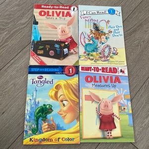 Step into reading books level 1 - tangled, fancy Nancy, and Olivia pig